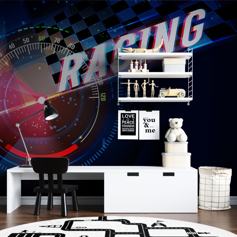 Racing themed wallpaper transforming home office with sporty vibes