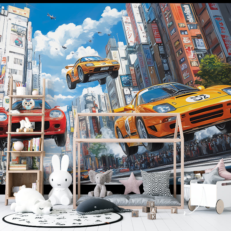 Racing cars wallpaper displayed in modern teen bedroom showing sports cars and city lights