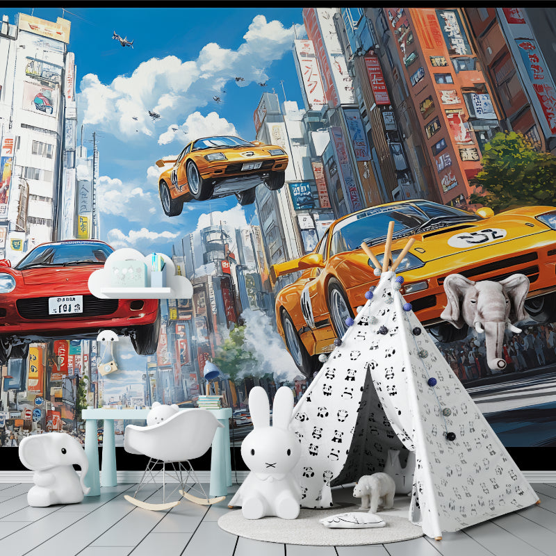 Japanese street racing mural creating focal point in gaming room with dynamic car design