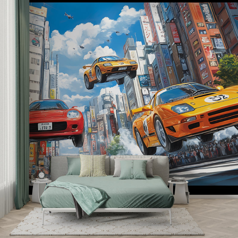 Sports car wallpaper bringing urban style to home office with cityscape background