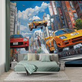 Sports car wallpaper bringing urban style to home office with cityscape background