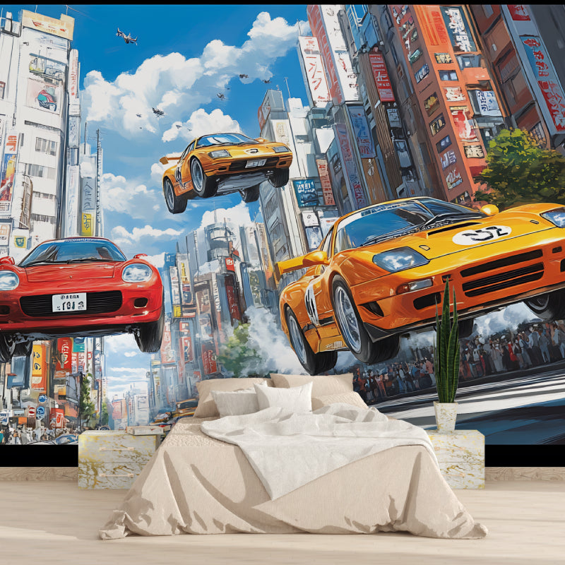 Racing cars wall mural showcased in modern living room with LED lighting