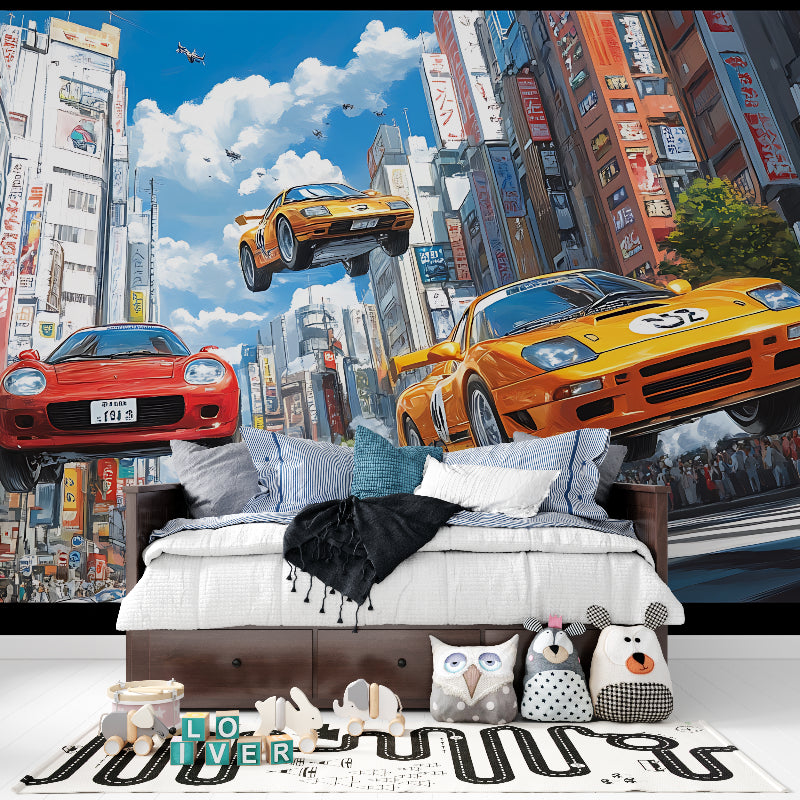 Street racing wallpaper transforming man cave with dramatic night scene