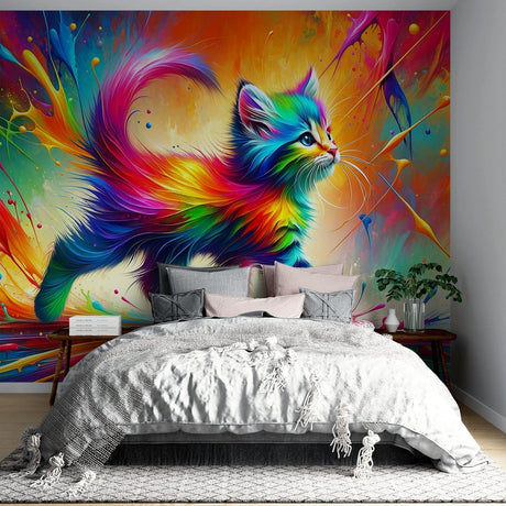 Rainbow Cat Wallpaper bringing vibrant energy to a modern living room, creating a playful and artistic atmosphere