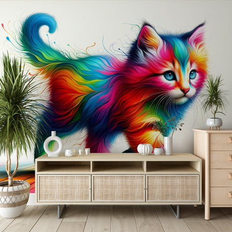 Rainbow Cat Mural Wallpaper displayed in a modern living room, showing vibrant colors and artistic feline design