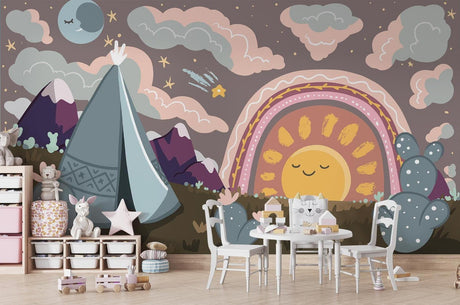 Desert rainbow wallpaper in cozy nursery with rocking chair and soft lighting
