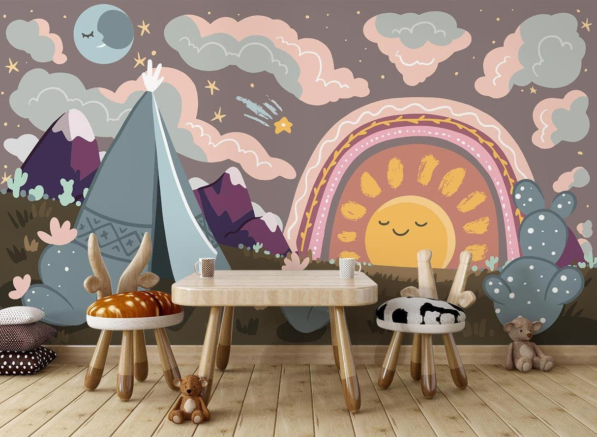 Kids bedroom featuring desert rainbow mural with reading nook and floor cushions