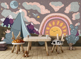 Kids bedroom featuring desert rainbow mural with reading nook and floor cushions