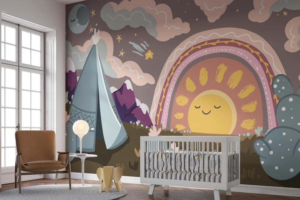 Playroom wall with desert rainbow design showing scale and color accuracy