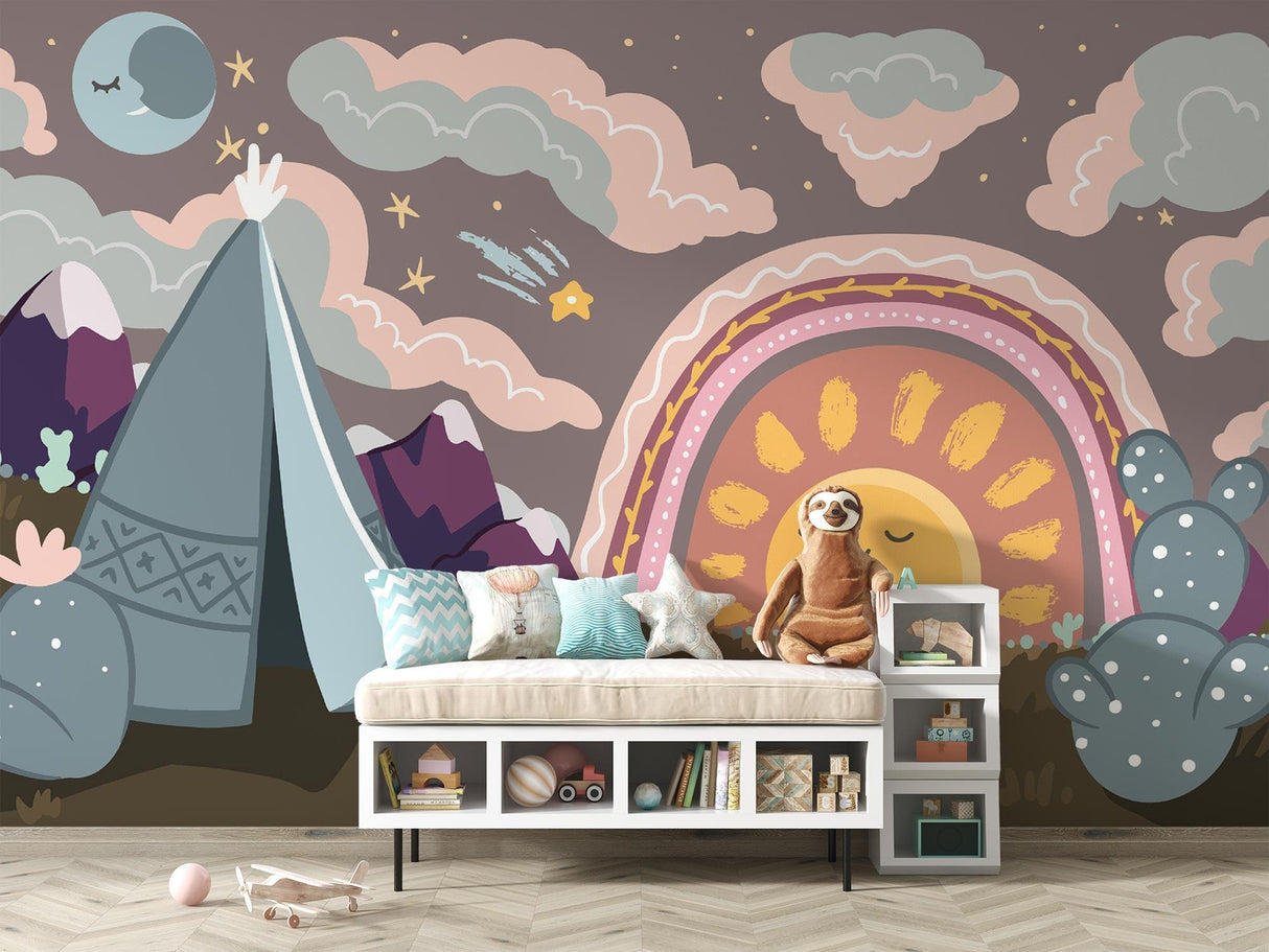Boho rainbow wallpaper in modern children's bedroom with natural decor