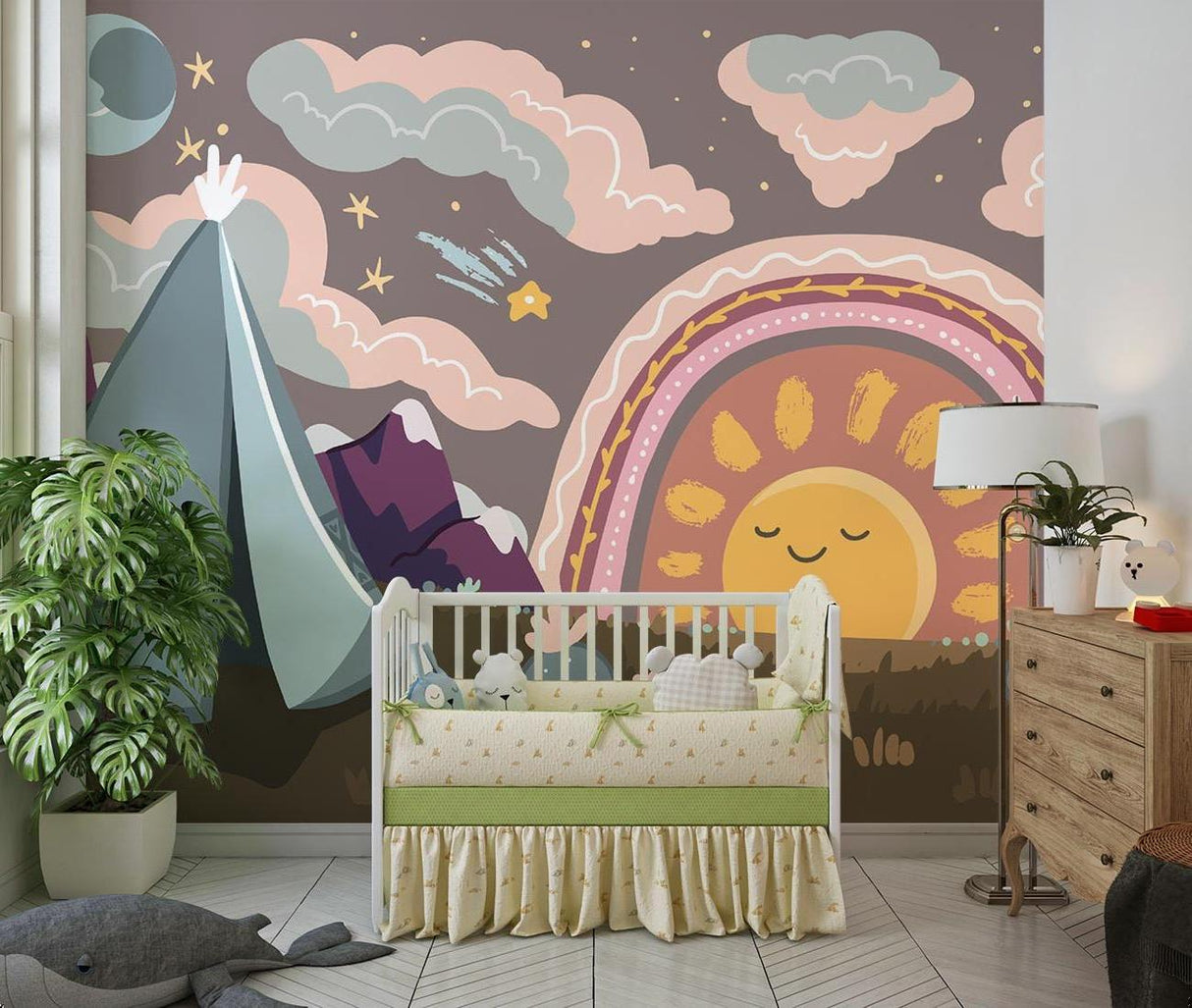 Desert night scene mural wallpaper in baby's room with crib and mobile