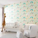 Rainbow wallpaper mockup in bright nursery with white furniture showing pastel colors and cloud pattern