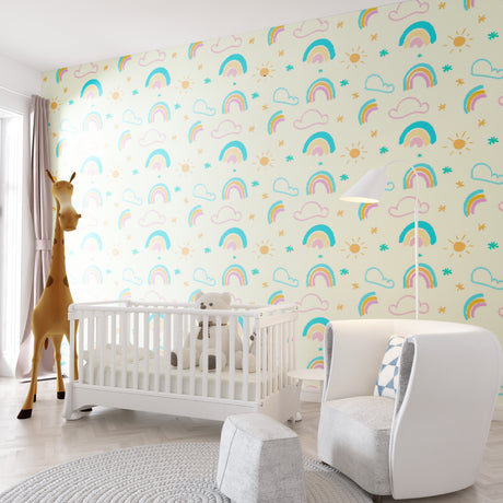 Rainbow wallpaper mockup in bright nursery with white furniture showing pastel colors and cloud pattern