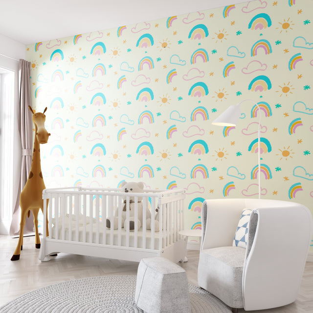 Rainbow wallpaper mockup in bright nursery with white furniture showing pastel colors and cloud pattern