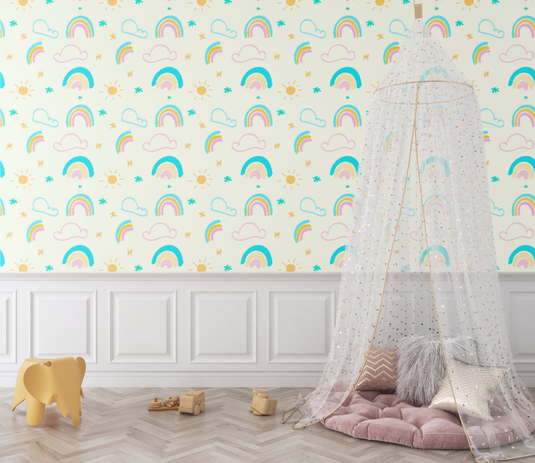 Rainbow pattern wallpaper displayed in modern playroom with natural lighting and toys