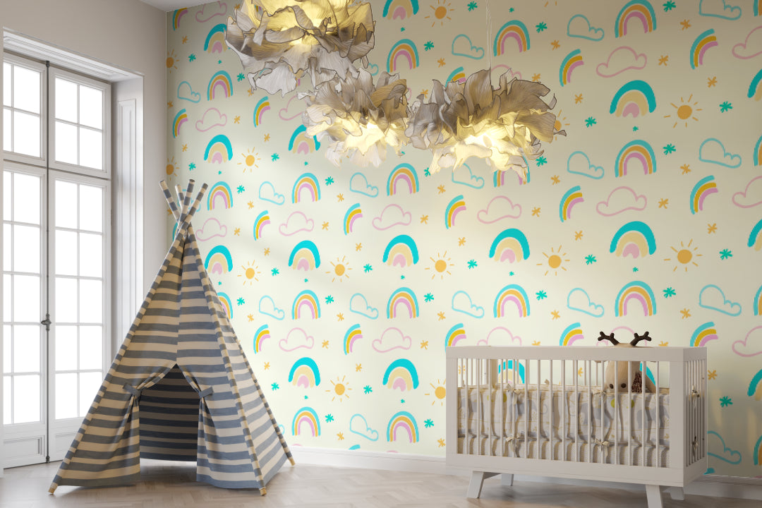 Rainbow wallpaper installation in baby room showing full wall application