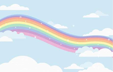 Rainbow wallpaper design file showing full pastel rainbow pattern with floating clouds