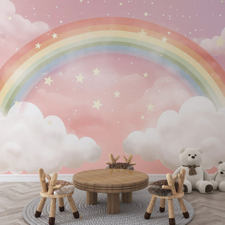 Rainbow nursery wallpaper mockup in a cozy bedroom, showing soft pastel colors and dreamy stars
