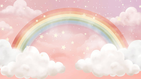 Rainbow wallpaper design file featuring gentle pastel sky with floating clouds and twinkling stars