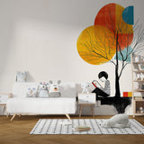 Abstract Tree Reading Wallpaper shown in a modern living room setting, creating a cozy reading nook with orange and turquoise accents