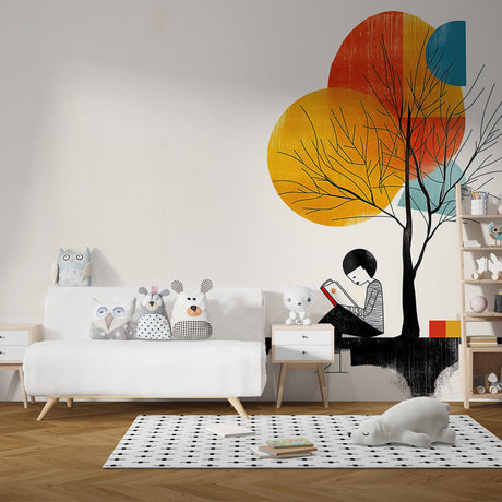 Abstract Tree Reading Wallpaper shown in a modern living room setting, creating a cozy reading nook with orange and turquoise accents