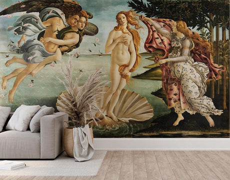 Renaissance art Birth of Venus wallpaper mural displayed in an elegant living room with high ceilings and classic furniture
