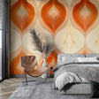 Orange geometric pattern wallpaper in modern living room showing warm, inviting atmosphere
