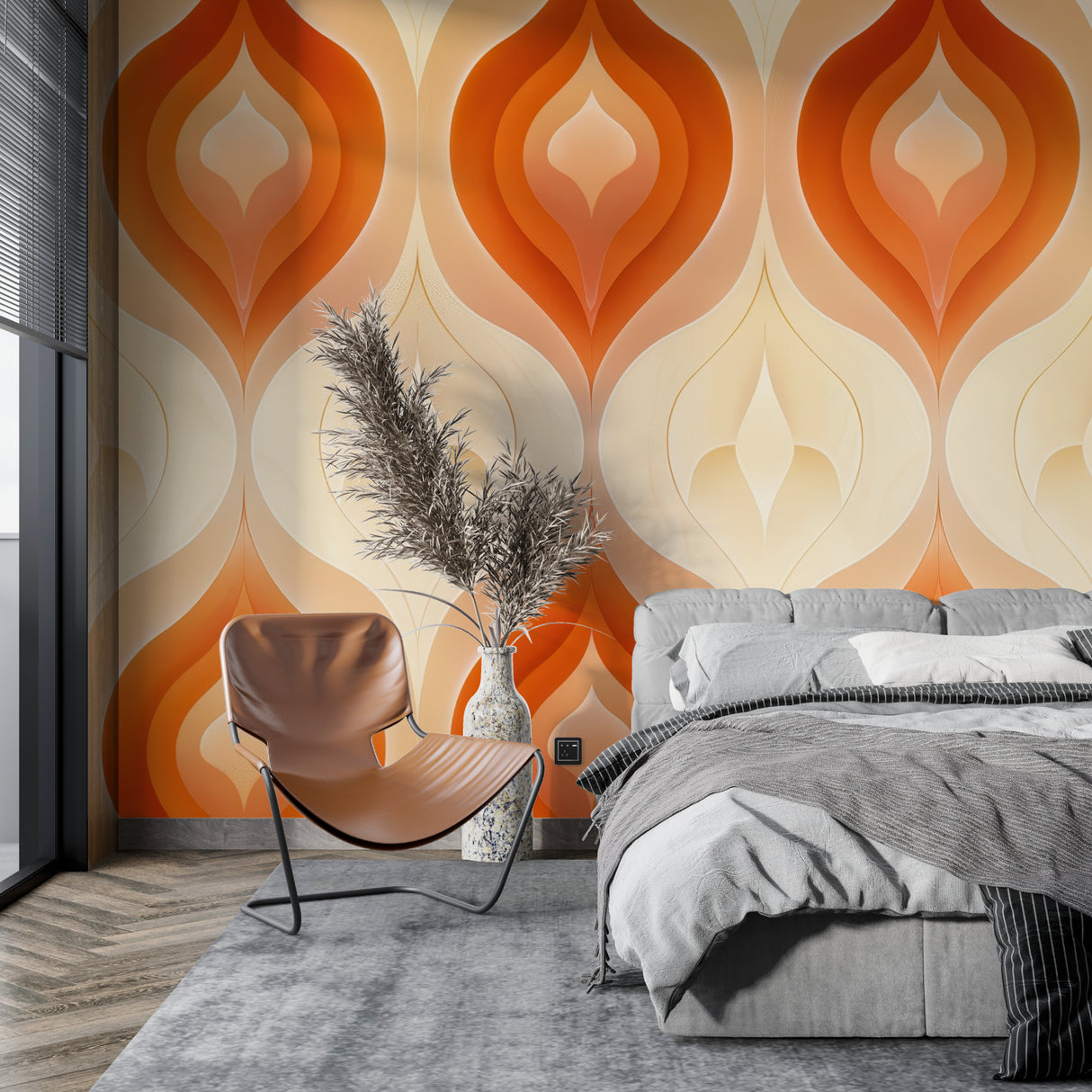 Orange geometric pattern wallpaper in modern living room showing warm, inviting atmosphere
