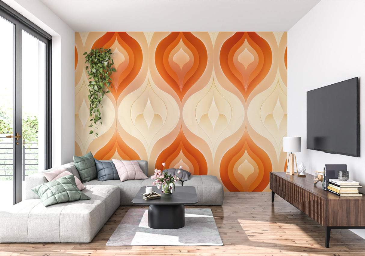 Retro geometric wallpaper brightening up a home office space with orange patterns
