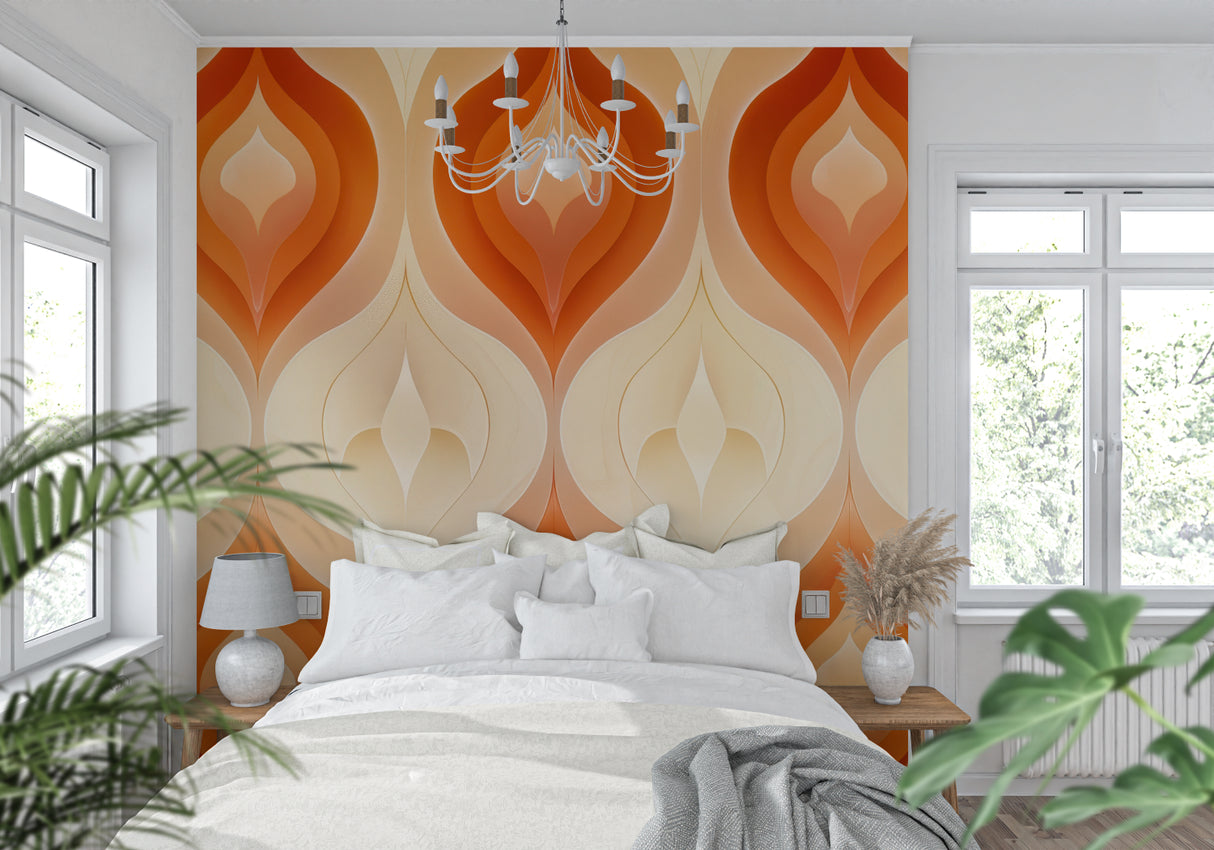 Modern dining room featuring orange geometric pattern wall mural
