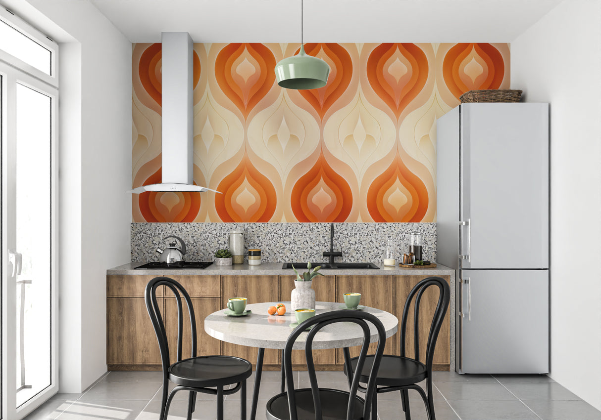 Geometric orange wallpaper creating statement wall in bedroom