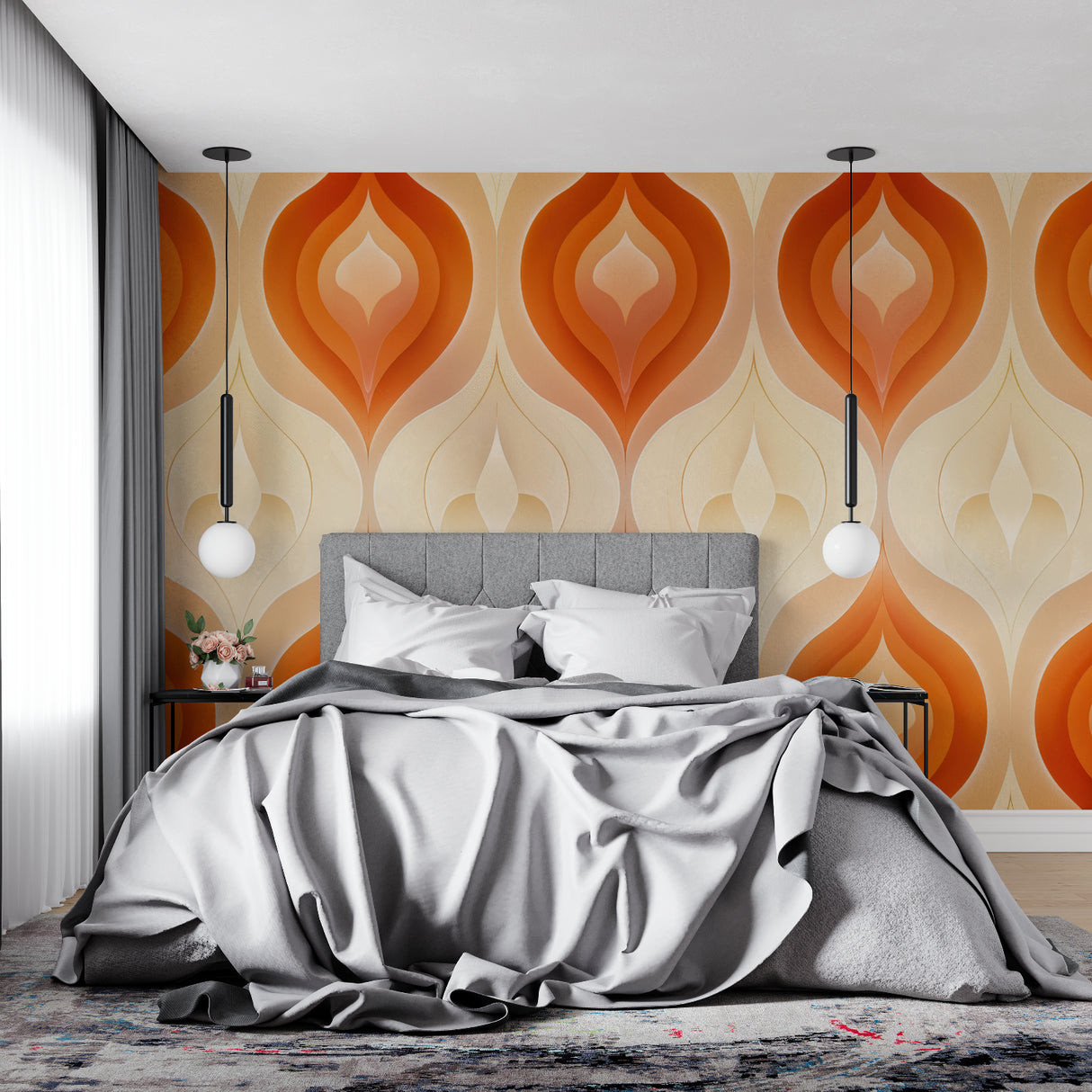 Orange retro pattern wallpaper adding warmth to hallway space