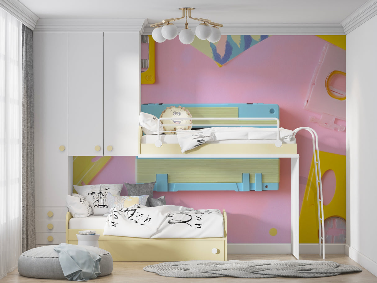 Retro cassette design wallpaper bringing life to a modern living room wall