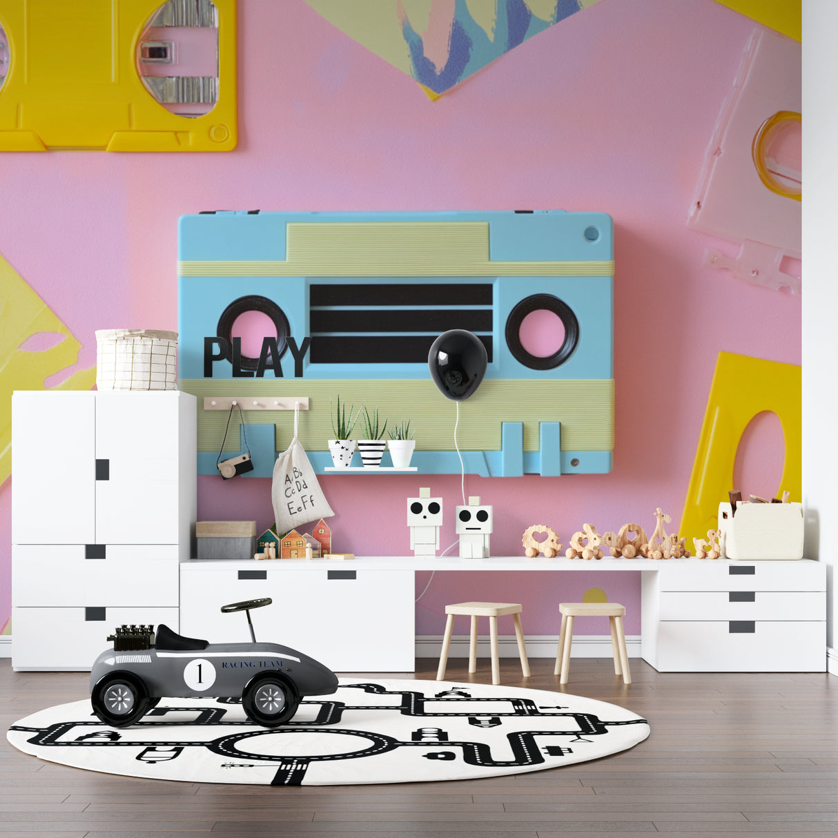 Music themed wallpaper showcased in a trendy coffee shop interior