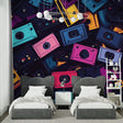 Retro music wallpaper brings life to modern living room with colorful 80s cassette design