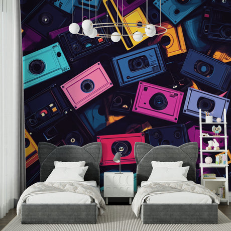 Retro music wallpaper brings life to modern living room with colorful 80s cassette design