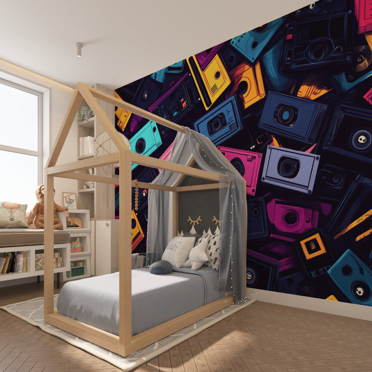 80s music wallpaper adds pop of color to home studio space