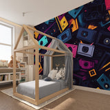 80s music wallpaper adds pop of color to home studio space