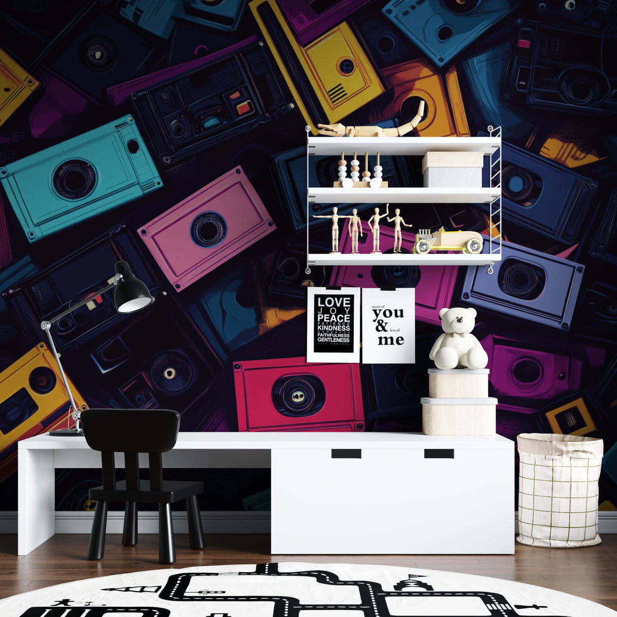 Retro cassette wallpaper transforms game room with bold vintage style