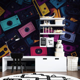 Retro cassette wallpaper transforms game room with bold vintage style