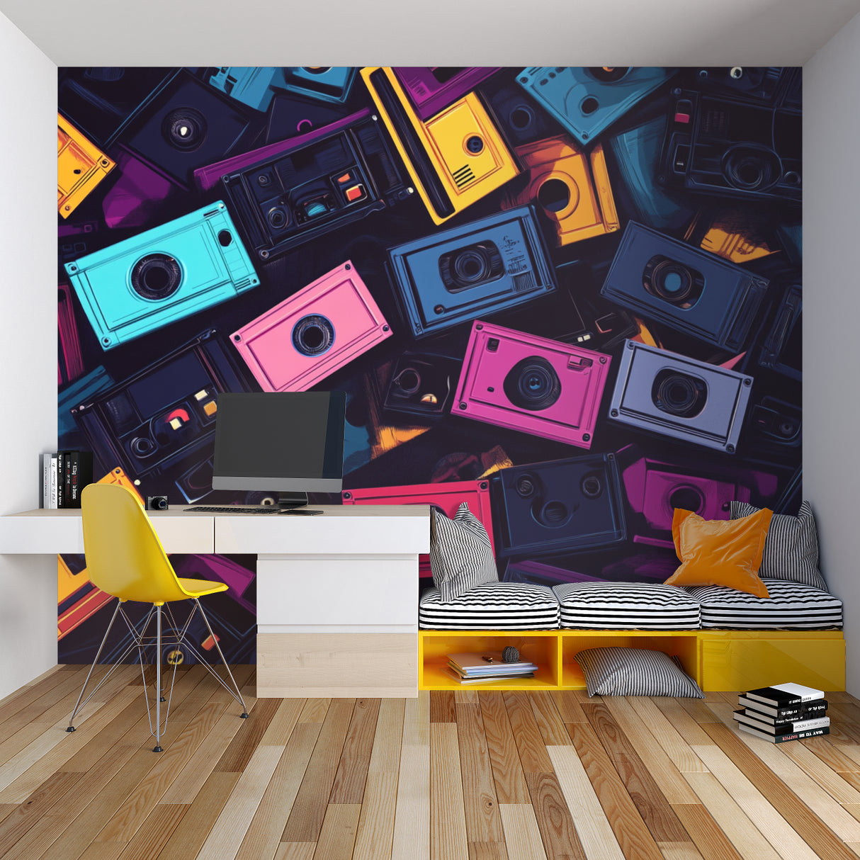 Music themed wallpaper brings 80s vibe to entertainment room