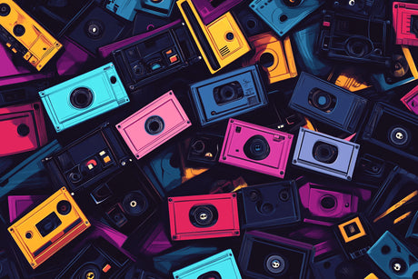 Colorful 80s cassette collection design file showing detailed vintage pattern
