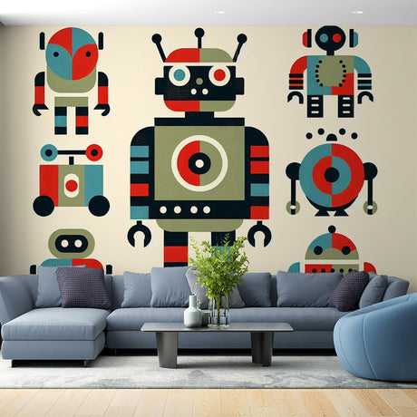Retro robot gaming wallpaper creating a fun atmosphere in a modern teen bedroom with gaming setup and LED lights