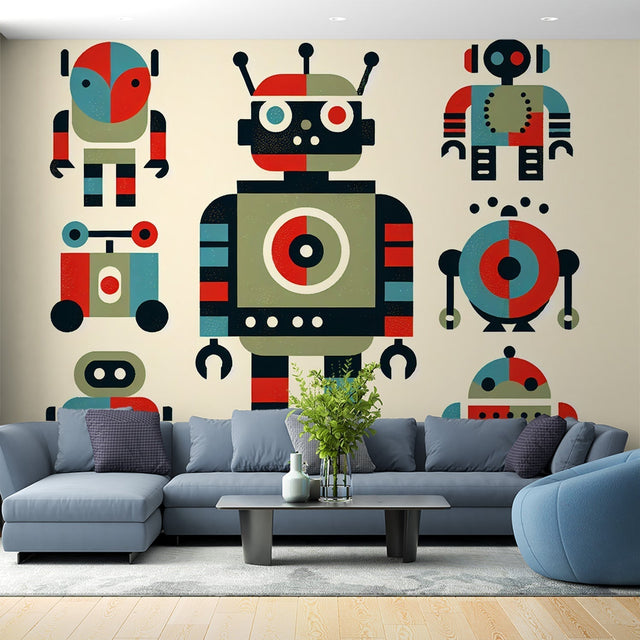 Retro robot gaming wallpaper creating a fun atmosphere in a modern teen bedroom with gaming setup and LED lights