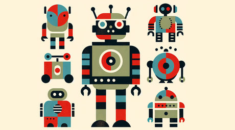 Geometric robot wallpaper design file showing detailed retro gaming pattern and bold color scheme