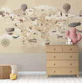 Papier Peint Mural Carte du Monde | Thème Aventure Vintage avec Montgolfières