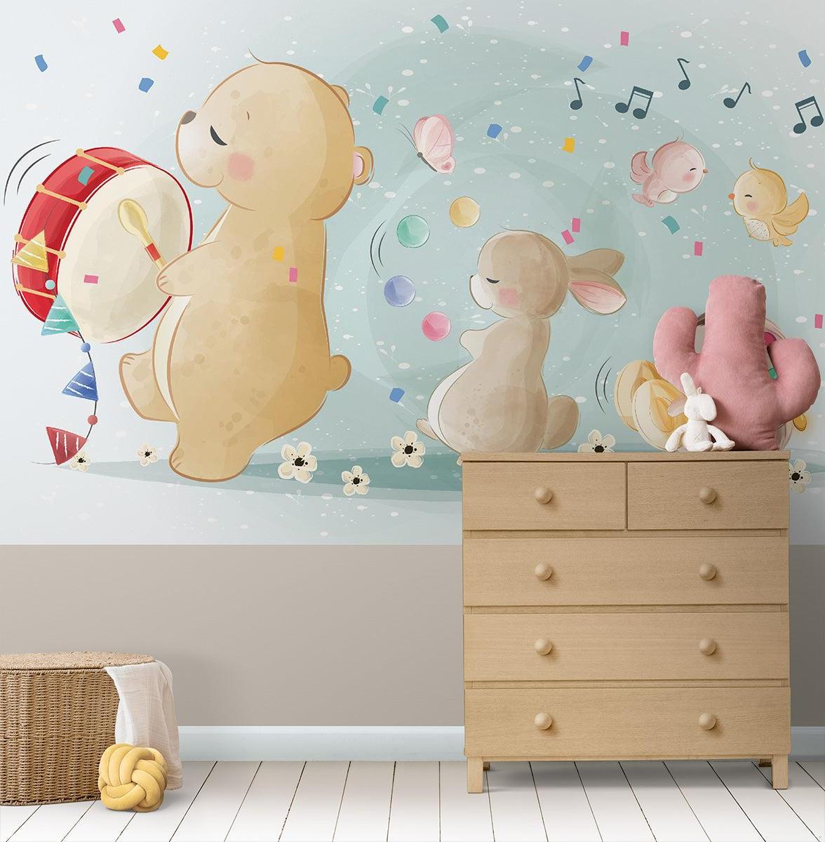 Musikalische Tiere Tapete | Verspielte Kinderzimmer-Band mit Bär und Hase