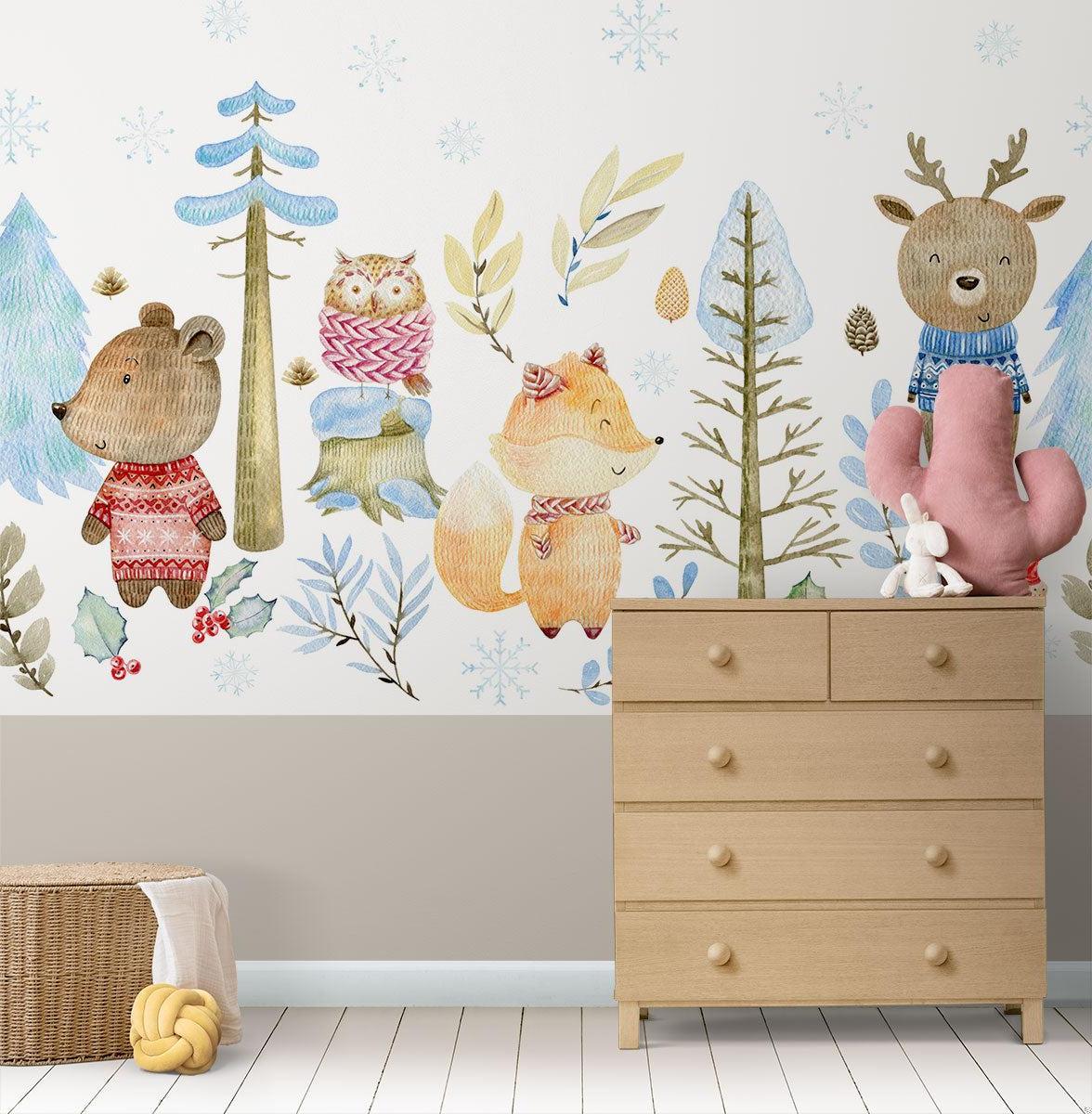 Forest Animals Mural Wallpaper | Winter Woodland with Cozy Sweaters