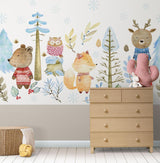 Forest Animals Mural Wallpaper | Winter Woodland with Cozy Sweaters