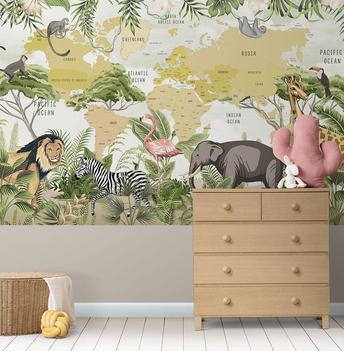 Safari Animals Mural Wallpaper | World Map with Jungle Wildlife